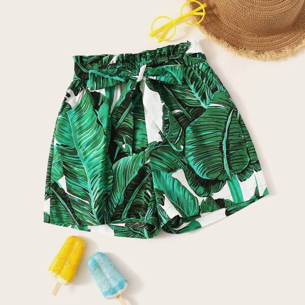 

Girls Paperbag Waist Tropical Print Shorts