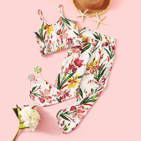

Girls Ruffle Hem Floral Cami Top & Notched Pants Set, Multicolor