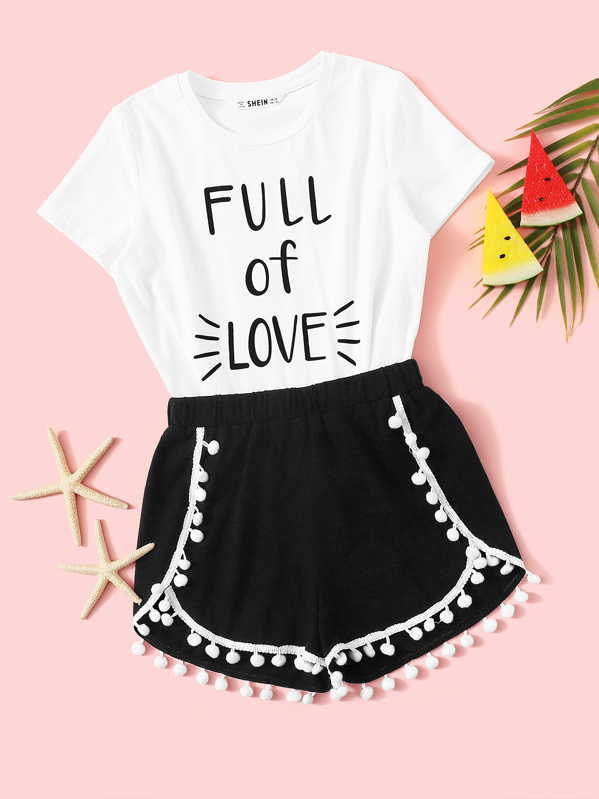 

Girls Slogan Graphic Top & Pompom Trim Shorts Set, Black and white