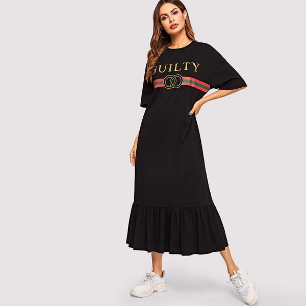 

Letter and Striped Print Flippy Hem Hijab Dress, Black