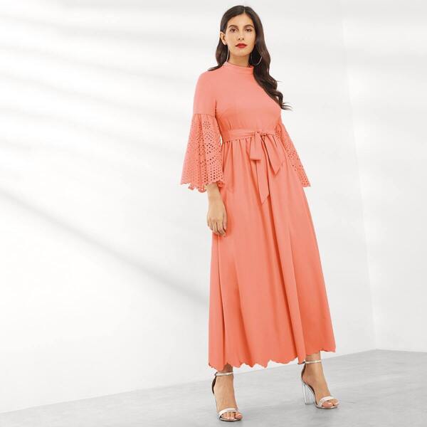 

Laser Cut Flounce Sleeve Scallop Trim Belted Dress, Orange