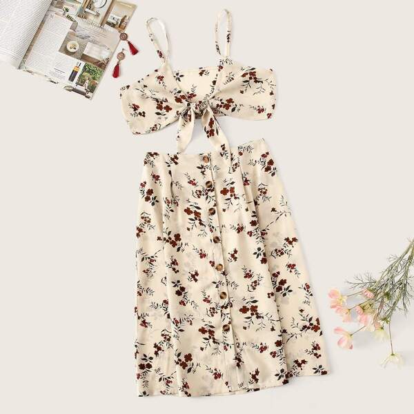 

Floral Print Knot Detail Cami Top With Skirt
