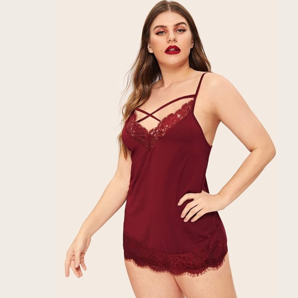 

Plus Scalloped Trim Contrast Lace Slips With Thong