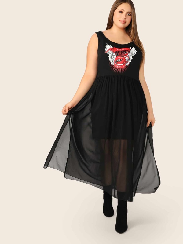 

Plus Cartoon And Letter Print Dress, Black, Bailey Carr