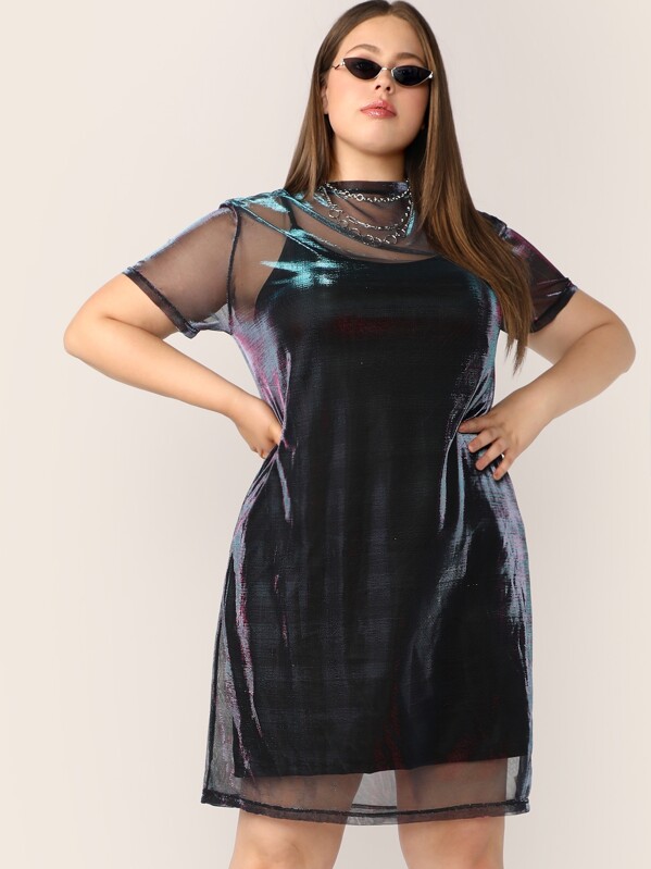 

Plus Sheer Mesh Panel Dress With Cami Dress, Black, Bailey Carr