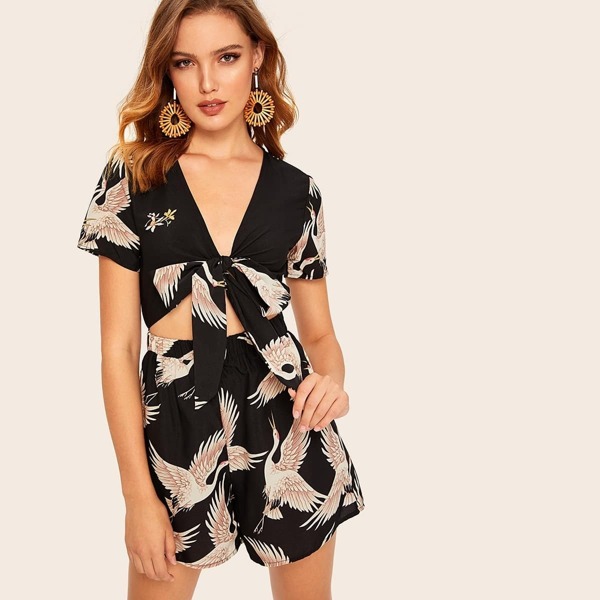 

Knot Front Crane Print Romper