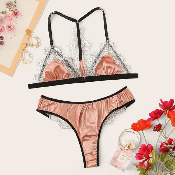 

Contrast Piping Satin Lingerie Set