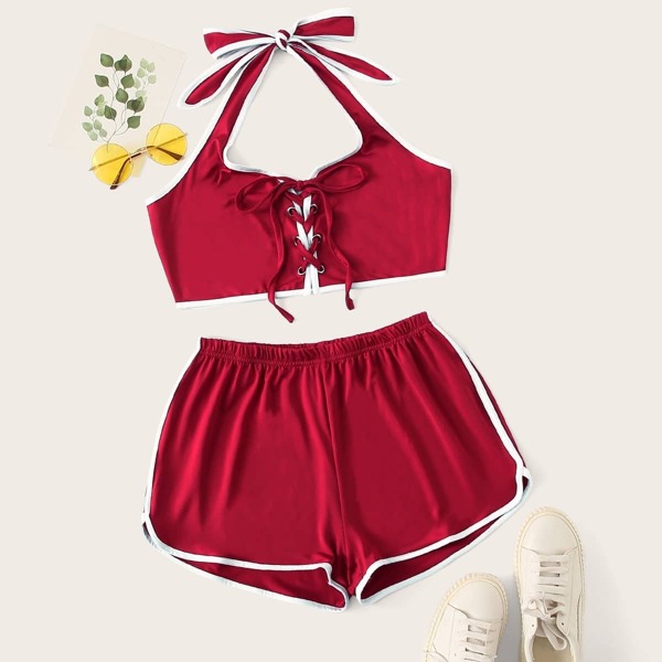 

Grommet Lace Up Contrast Binding Top & Dolphin Hem Shorts Set, Red