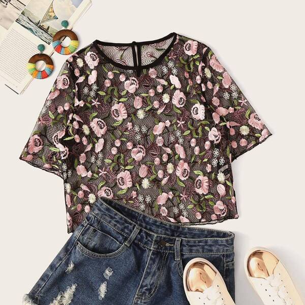 

Floral Embroidered Mesh Top