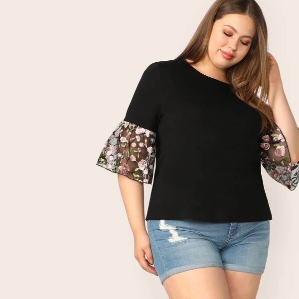 

Plus Floral Embroidered Mesh Sleeve Top