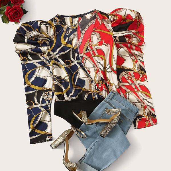 

Chain Print Puff Sleeve Surplice Wrap Bodysuit