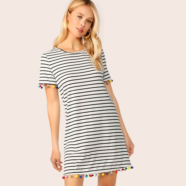 

Pompom Detail Striped T-Shirt Dress