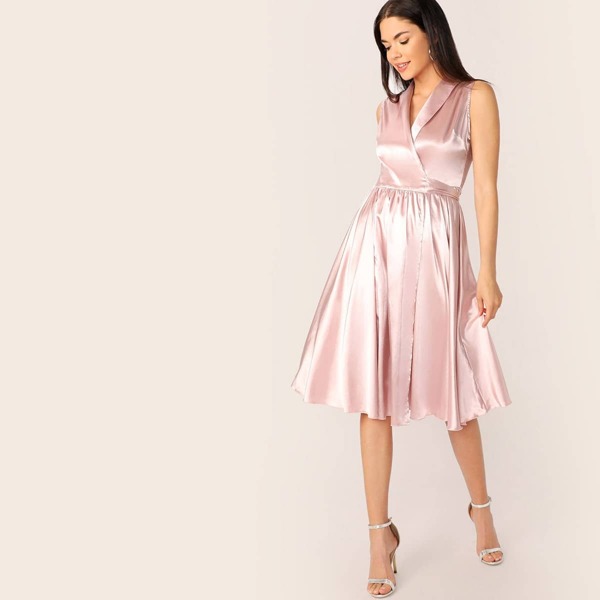 

Shawl Collar Surplice Ruffle Hem Belted Satin Dress