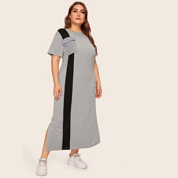 

Plus Colorblock Striped Flap Pocket Split Side Dress