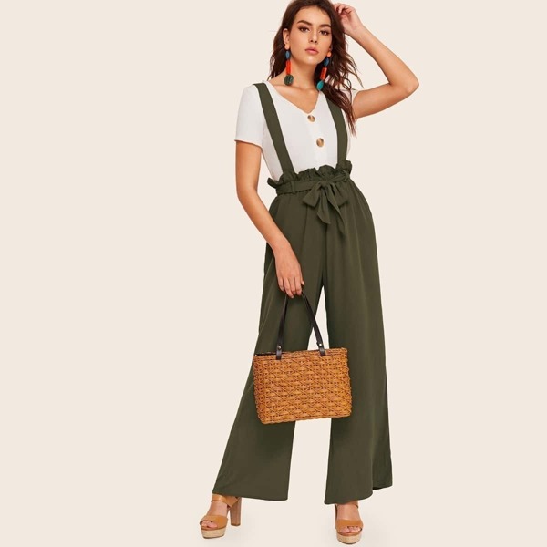 

Paperbag Waist Wide Leg Pants With Strap, Army green