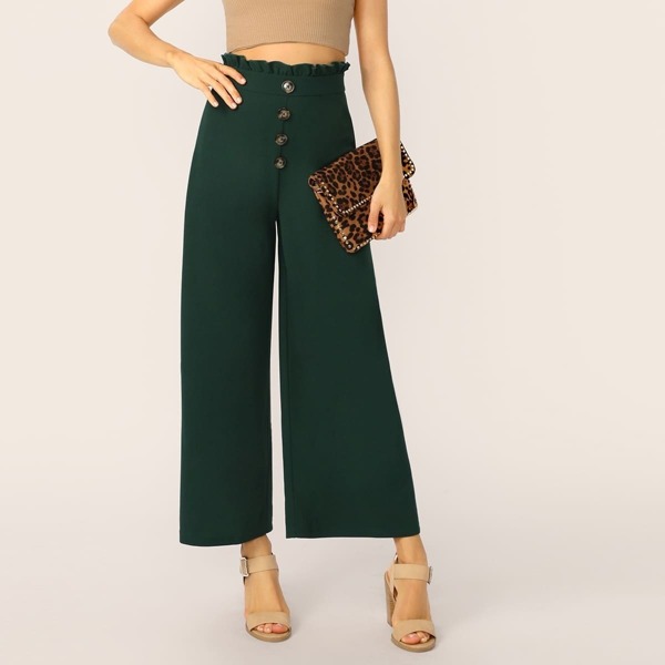 

Paperbag Waist Button Front Wide Leg Pants, Green