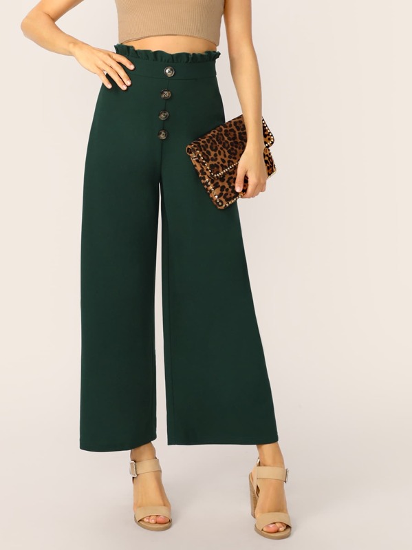 

Paperbag Waist Button Front Wide Leg Pants, Green, Carolina Sanchez