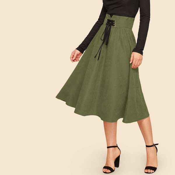 

Zip Back High Waits Lace Up Flare Skirt