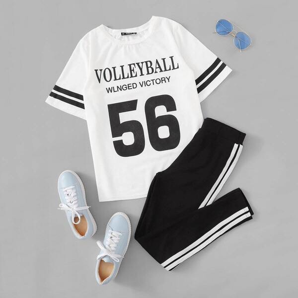 

Plus Letter & Striped Graphic Top & Striped Side Leggings Set, Black and white
