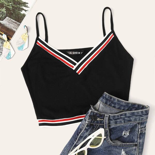 

Striped Ribbed Cropped Cami Top, Black