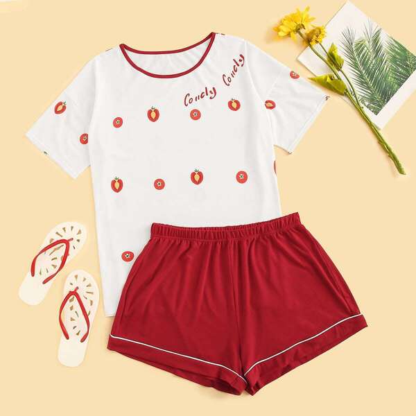 

Plus Letter & Fruit Print Pajama Set, Multicolor