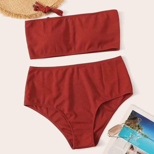 Plus Bandeau With High Waist Bikini, Red