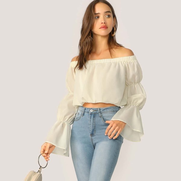

Off Shoulder Elasticized Bell Sleeve Blouse