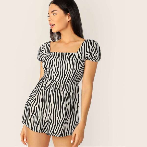 

Zip Back Backless Puff Sleeve Zebra Pattern Romper