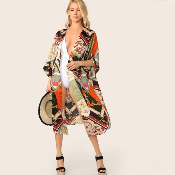 

Open Front Scarf Print Kimono, Multicolor