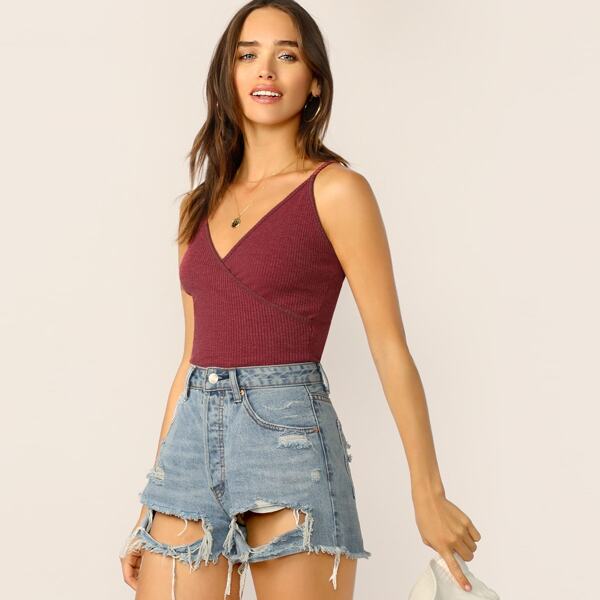 

Surplice Wrap Rib-knit Cami Top, Burgundy