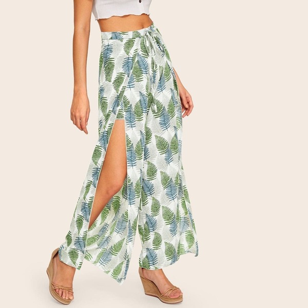 

Drawstring Waist Plants Print Split Pants