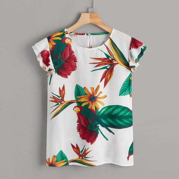 

Floral Print Layer Ruffle Cuff Blouse