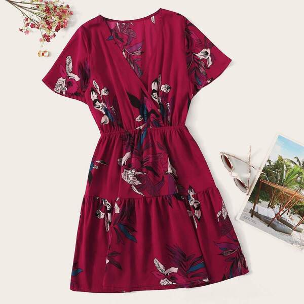 

Surplice Floral Print Ruffle Hem Dress, Burgundy
