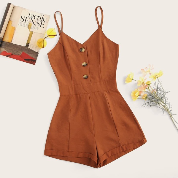 

Button Front Solid Cami Romper, Brown