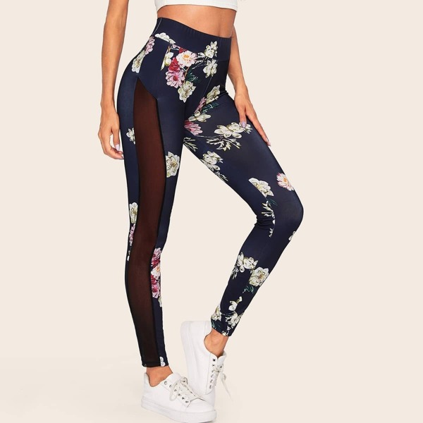 

Floral Print Mesh Panel Side Leggings