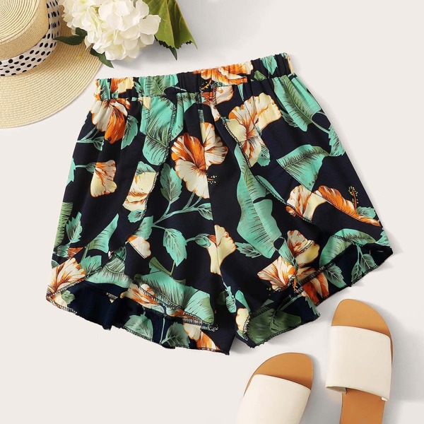 

Floral And Plants Print Ruffle Trim Shorts