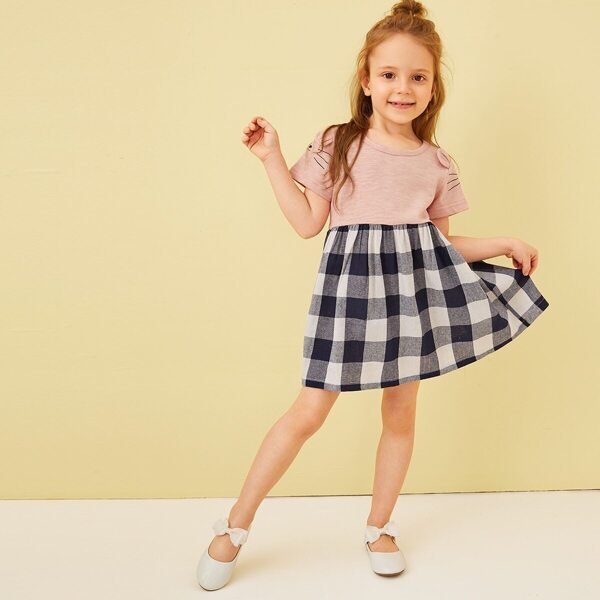 

Toddler Girls Cartoon Print Buffalo Plaid Hem A-line Dress, Multicolor