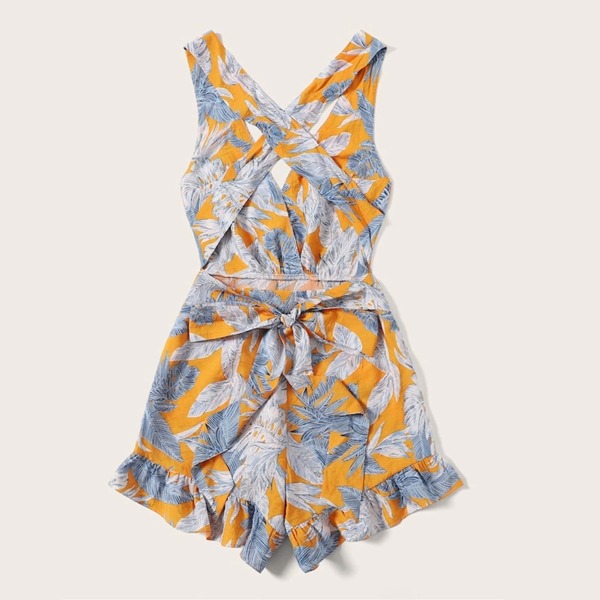 

Plus Tie Back Leaf Print Romper, Multicolor