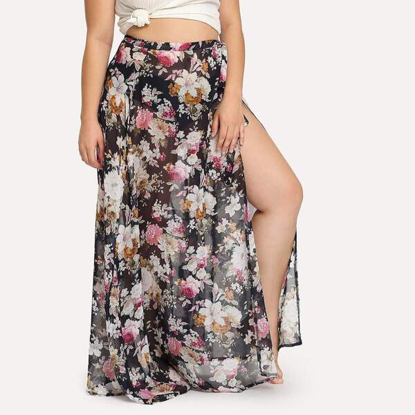 

Plus Split Thigh Floral Print Skirt