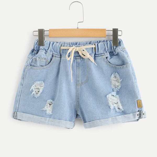 

Plus Rolled Trim Drawstring Denim Shorts