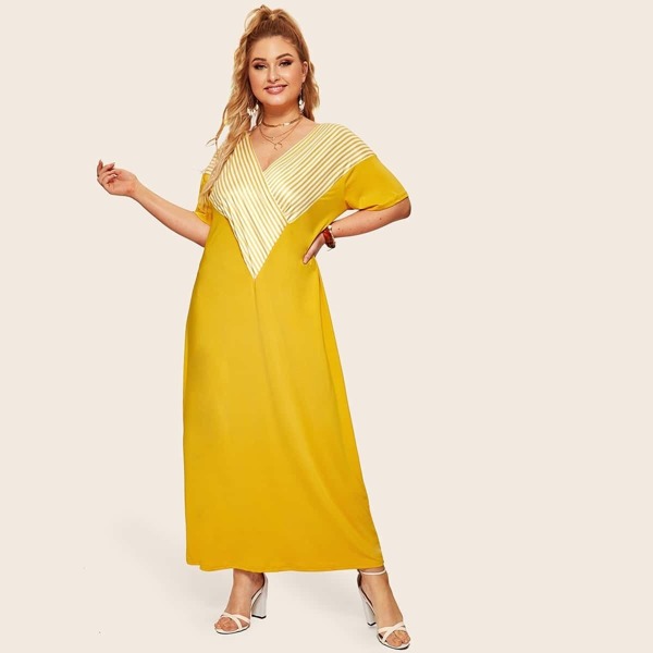 

Plus Striped Contrast Panel Dress, Yellow