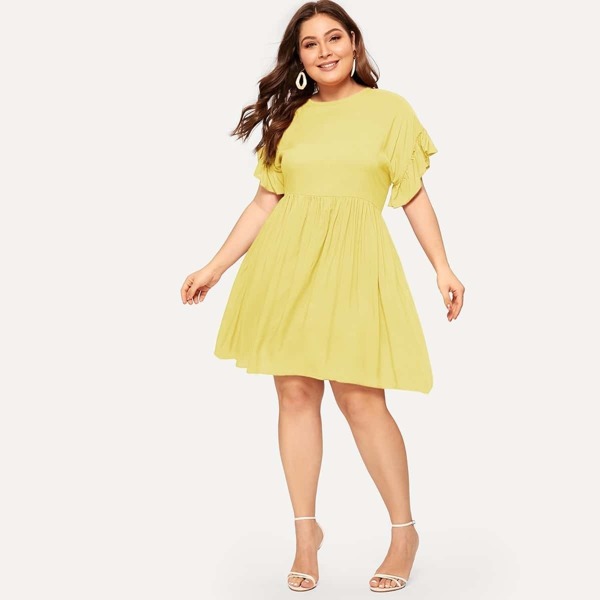 

Plus Contrast Ruffle Cuff Dress, Yellow