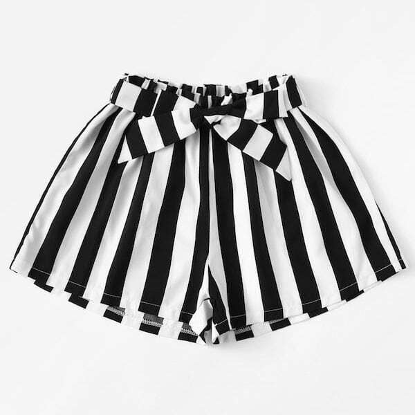 

Plus Striped Self Tie Shorts, Black and white