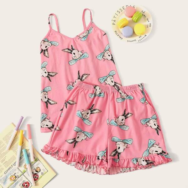 

Girls Rabbit Print Ruffle Cami Pajama Set