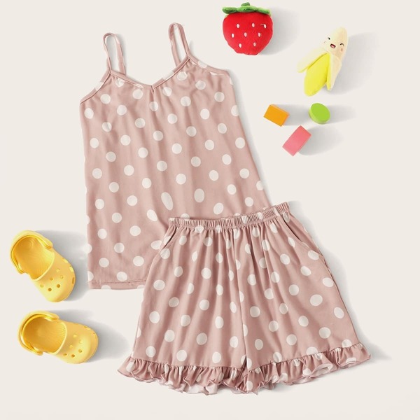 

Girls Polka Dot Ruffle Cami Pajama Set