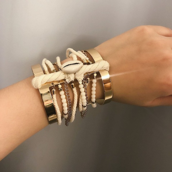 

Bead & Chain Decor Double Layered Cuff Bracelet 1pc, Gold