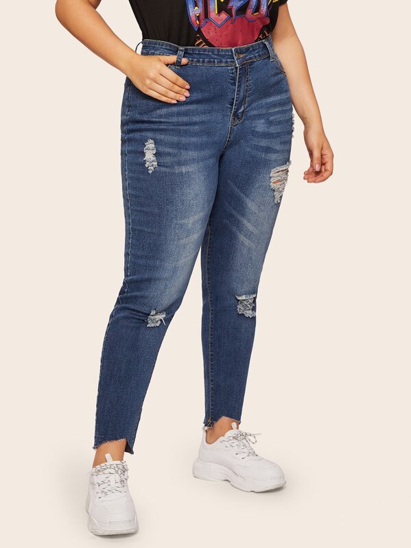 

Plus Asymmetrical Hem Ripped Jeans, Blue, Franziska