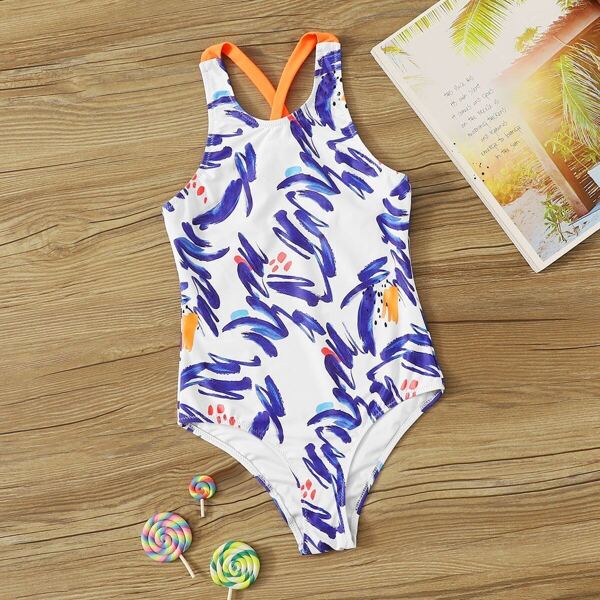 

Girls Random Graffiti Crisscross One Piece Swimsuit, Multicolor