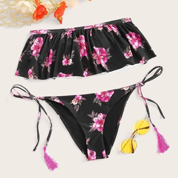 

Floral Flounce Top With Side Tie Bikini Set