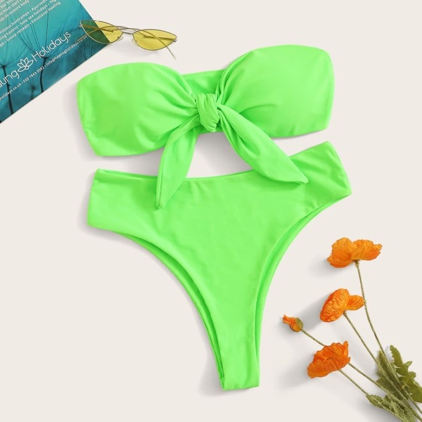 

Neon Lime Knot Front Bandeau Bikini Set, Green bright